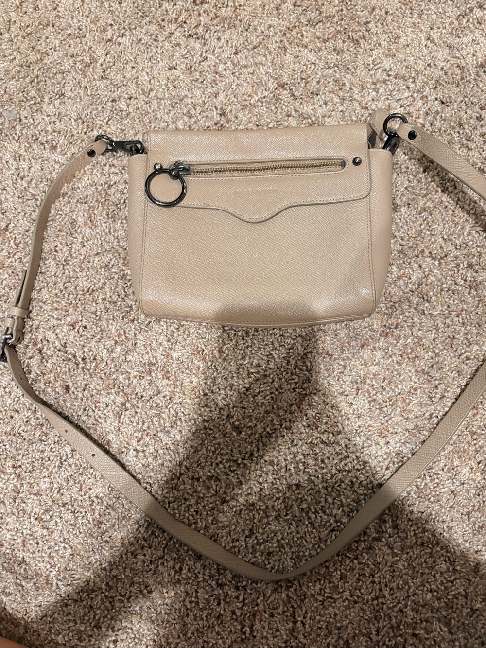 Rebecca Minkoff Beige Pebbled Leather Crossbody Bag with Front Zip Detail